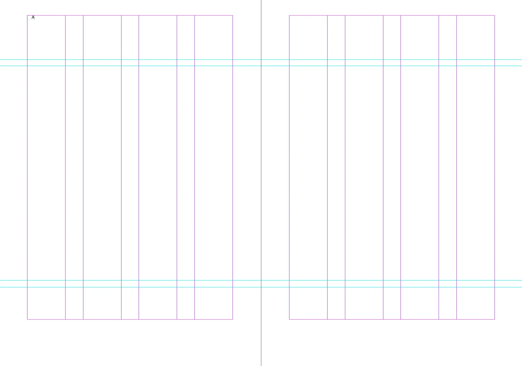 An empty spread in InDesign: the column guides in violet and the margins, the same on both pages