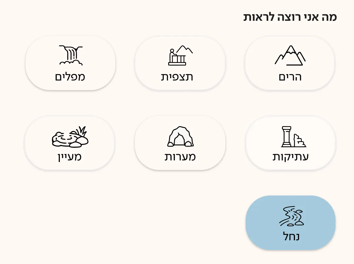 Part of step 2: rounded options with small drawn icons under the question What do I want to see: mountains, a lookout, waterfalls, antiquities, caves, a spring and a stream, the stream chosen