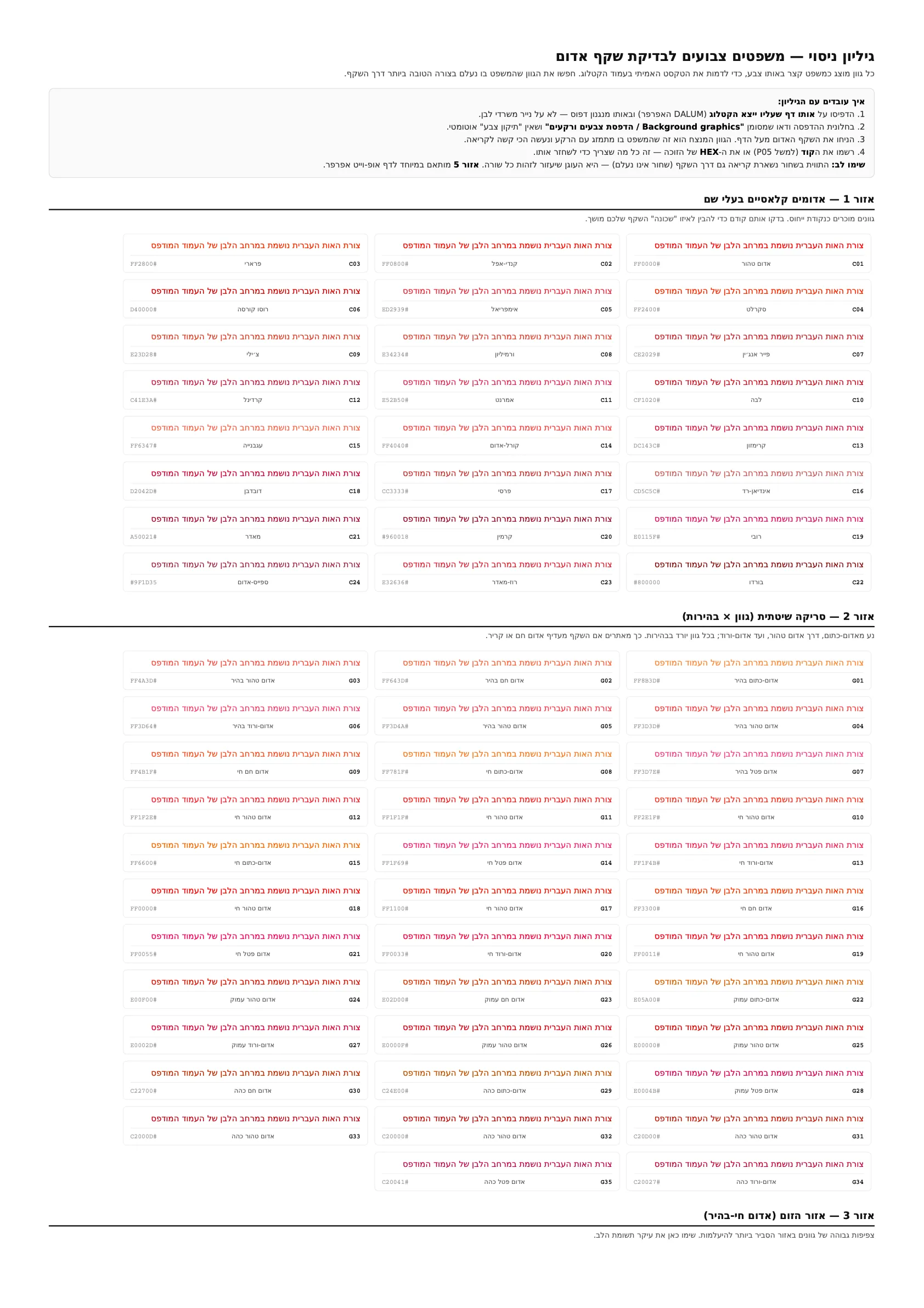 The whole first page of the trial sheet, the same sentence in rows of reds from scarlet to burgundy and a systematic sweep of hue and brightness